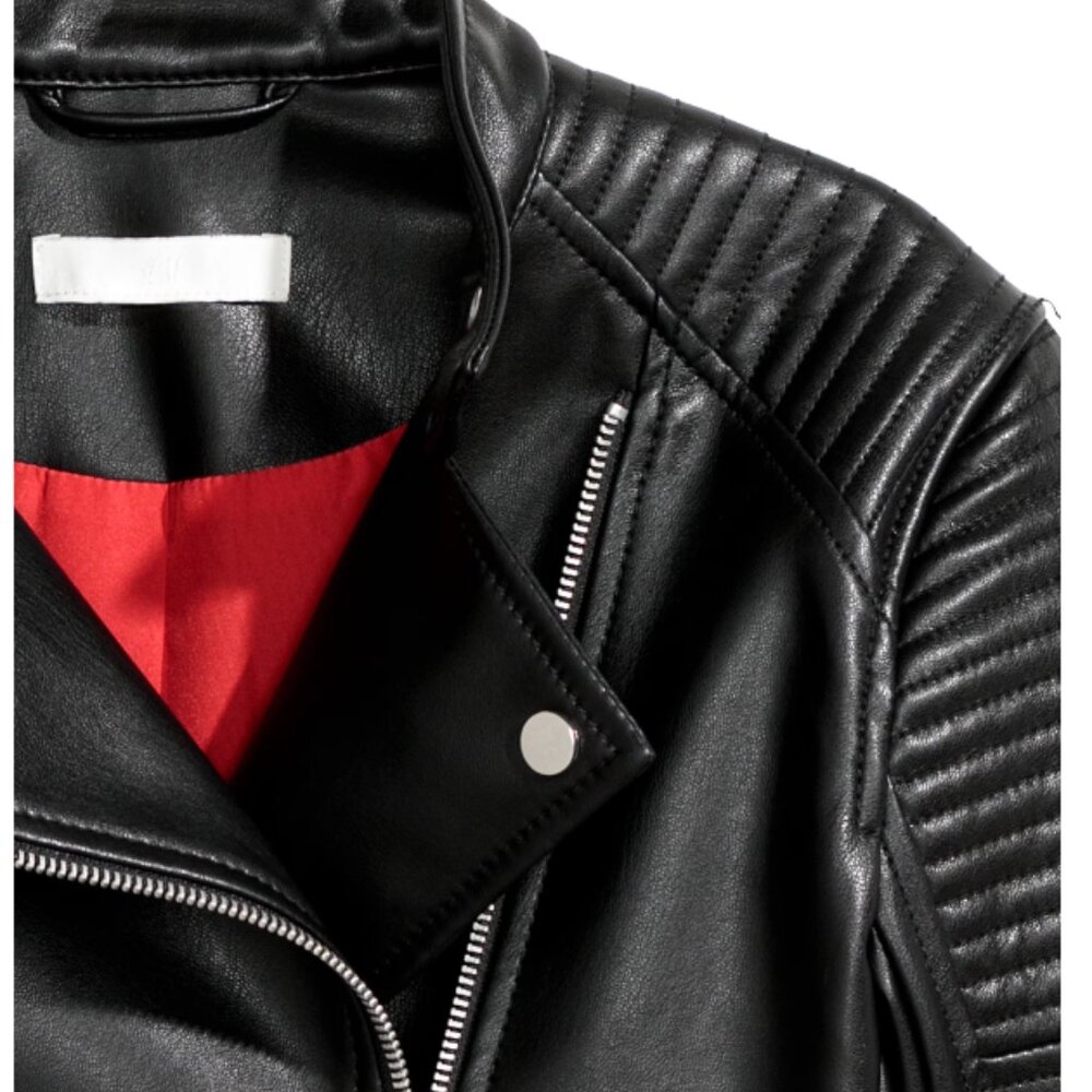 H&M Faux Leather Biker Moto Jacket quilted shoulders red sateen lining Size 4